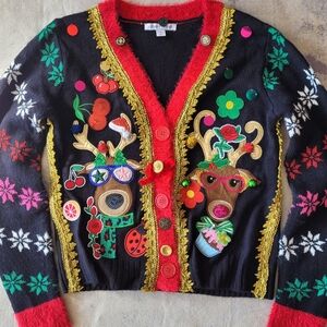Christmas Ugly Reindeer Cardigan Sweater DIY Extra Deco Fun - Black and Red